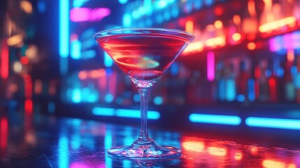 Vibrant cocktail presentation on a shimmering bar top under neon illumination