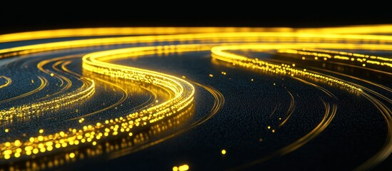 Illuminated pathways: Golden light trails creating abstract designs on dark backdrop