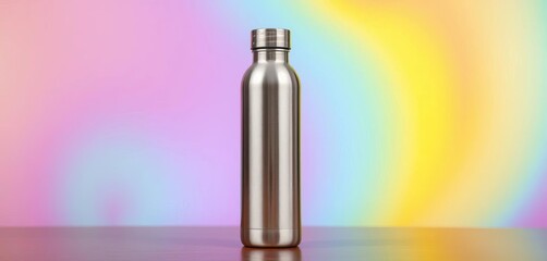Sleek stainless steel water bottle against a rainbow backdrop, rainbow, cheerful