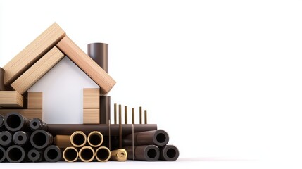 A house shape is creatively formed using wooden planks, metal pipes, and screws against a white background.
