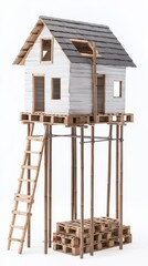 A small wooden stilt house with a ladder, elevated on tall bamboo poles and pallets, isolated on a white background.