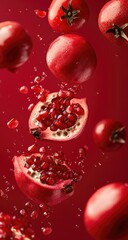 Pomegranate halves and whole fruits, vibrant red, in mid-air, with juice splashing