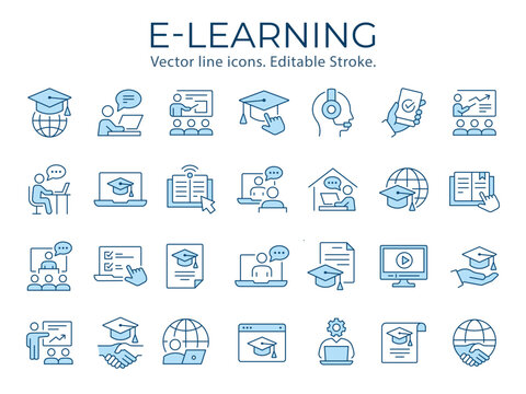 E-learning icons, such as online education, courses, tutoring, webinar and more. Vector illustration isolated on white. Editable stroke. Change to any size and any color.