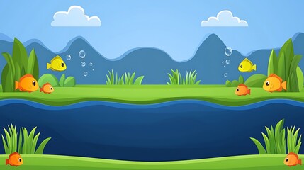 Cartoon River Landscape with Fish.