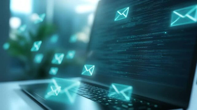A laptop screen showing lines of code with glowing blue email envelope icons floating around it