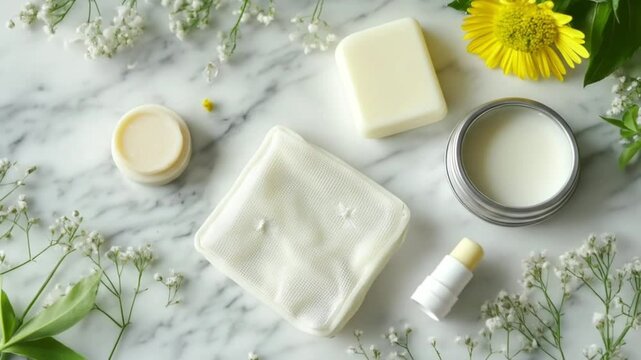 A serene flatlay of natural skincare products with flowers.