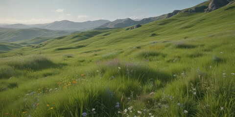 Rolling hills of emerald grass, wildflowers scattered  ,  wildflowers,  vibrant,  pastoral