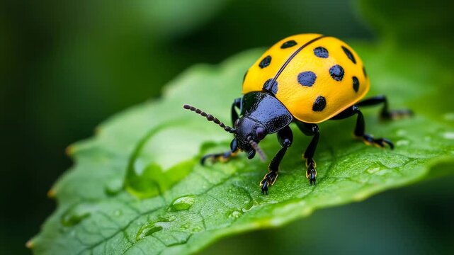 A yellow ladybug with black spots on a green leaf.