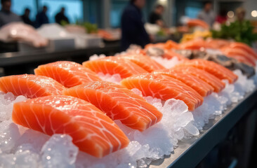 Chilled pieces of salmon fillet lie on display on ice