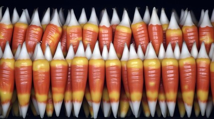 Close-up of Rows of Candy Corn Candies, Halloween Treats, Autumn Sweets
