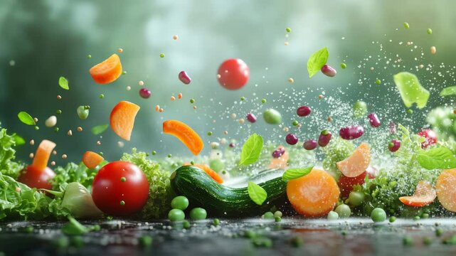 A dynamic scene with various fresh vegetables, all seemingly suspended in mid-air