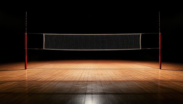 Empty volleyball court, illuminated net