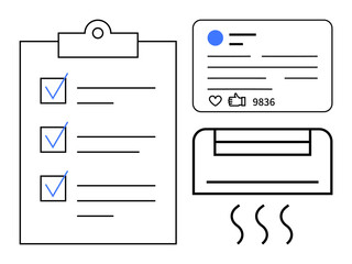 Task clipboard with checkmarks, social engagement card showing thumbs ups, shares, and air conditioner emitting cool air. Ideal for productivity, social media, organization, workflow, comfort