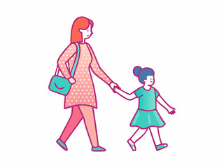Mother and daughter walking hand-in-hand, a heartwarming illustration.