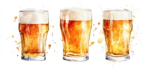 Three glasses of light beer with frothy head, rendered in watercolor style