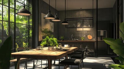 Gray and black dining room interior with wooden table, plants, and modern lighting