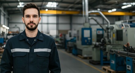 Fototapeta premium Confident, professional male industrial worker in uniform, standing with determination amidst modern, advanced machinery within a bustling manufacturing facility