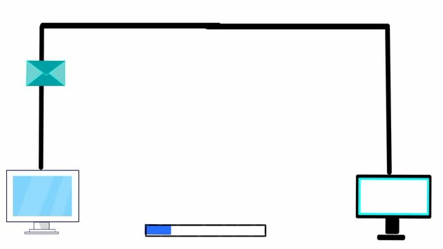 Email Sending Process Animation with Copy Space. Sending an email from one computer to another. A digital envelope traveling between two devices, representing online communication and data transfer