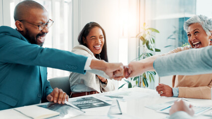 Fototapeta premium Team, business people and fist bump for motivation, success or celebration for financial profit in office. Excited, hands together or achievement of goal, solidarity or well done with investment deal