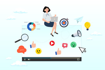 Woman with laptop working on social content, content strategy marketing, creativity for digital advertising, online social media engagement, audience analysis or planning on storytelling influencer