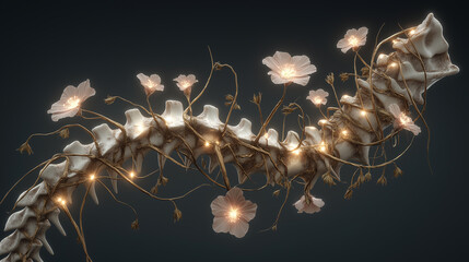 Spine made of ancient tree branches and delicate vines with glowing flowers on each vertebra