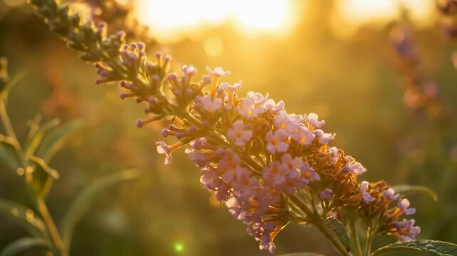 Beautiful blooming budleja flowers bathed in golden sunlight during sunset in a serene garden setting