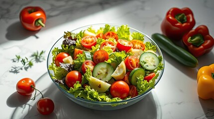 Fresh salad with tomatoes, cucumbers, peppers and lettuce in a glass bowl