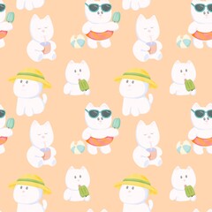 Adorable White Dog Summer Seamless on pastel Orange