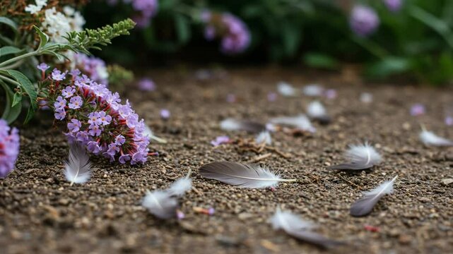 Colorful budleja flowers and scattered feathers on a garden pathway, creating a serene outdoor scene