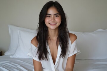 Smiling young woman seated on bed