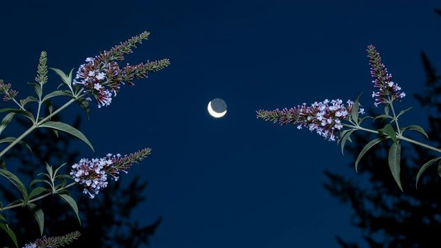 Serene night sky framed by blooming budleja flowers and a crescent moon illuminating the tranquil scene
