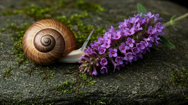 Snail crawling over a mossy stone beside a vibrant purple budleja flower in a serene natural setting