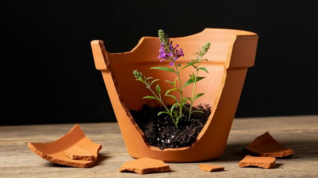 A broken terracotta pot with vibrant budleja flowers emerging from the soil, surrounded by shattered pieces