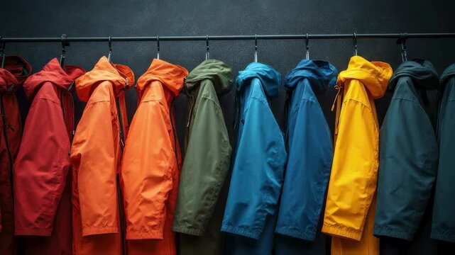 Colorful Raincoats Hanging on a Rack