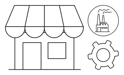 Shopfront facade, factory with chimneys, gear wheel. Ideal for business, retail, manufacturing, industry, production supply chain operations. Clean flat simple metaphor