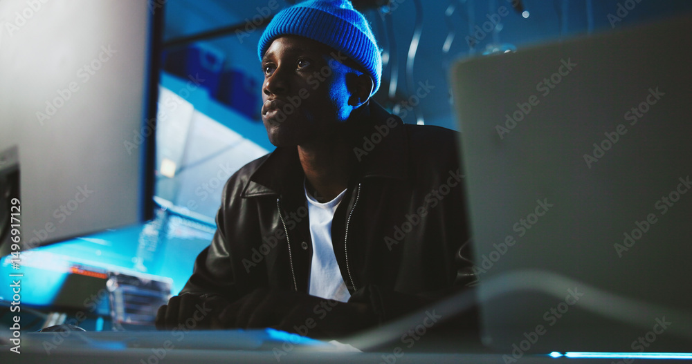 Leinwandbilder black man, hacker and reading on computer at night for programming, cyber attack and online informat