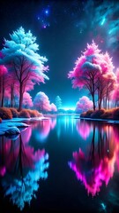 Fantasy Lake Glowing in Pink and Blue Over Black  
Glowing Pink and Blue Fantasy Lake on Dark Background Wallpaper  
