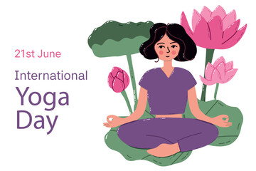 Woman Meditating for International Yoga Day Against Floral Background. Colorful artistic depiction of a woman meditating amidst serene nature, featuring lotus flowers and green foliage, emphasizing 