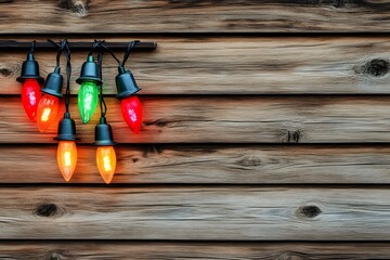 Colorful Christmas Lights on Rustic Wooden Wall