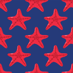 Seamless Pattern of Red Starfish on a Deep Blue Background. A seamless pattern featuring vibrant red starfish against a deep blue background, conveying a nautical and tropical theme suitable for print