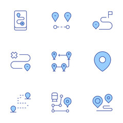 Destination icons set. Line Duotone style, editable stroke. location, route, destination, tourist, location pin