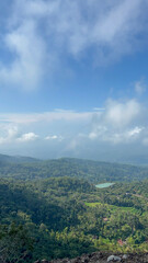 Fototapeta premium Serene Mountaintop Vista: Panoramic View of Lush Green Valley and Distant Clouds