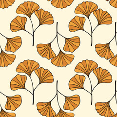 Autumn Ginkgo biloba pattern, leaves silhouette orange, yellow and beige colors. 