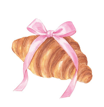 Watercolor coquette croissant with pink bow, French pastry