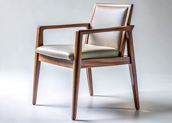 Modern wooden armchair with light beige leather seat isolated on white background