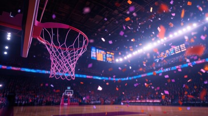 Basketball hoop in stadium, confetti falling