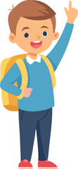 Cartoon illustration of a boy, likely a student, with his arms raised, pointing upward with both index fingers, wearing a light green sweater, light blue pants, and a red backpack.