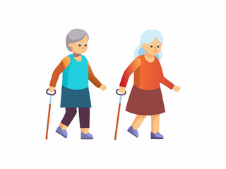 Two stylized illustrations of elderly women, one in a teal top and navy pants, the other in an orange top and brown skirt, are depicted walking confidently.