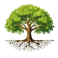 green oak tree with root system isolated on white vector nature graphic design