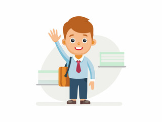 Cartoon illustration of a boy, likely a student, with his arms raised, pointing upward with both index fingers, wearing a light green sweater, light blue pants, and a red backpack.